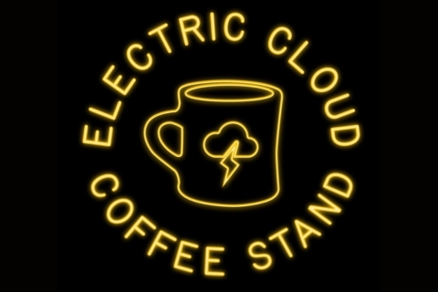 Neon letters reading electric cloud coffee stand