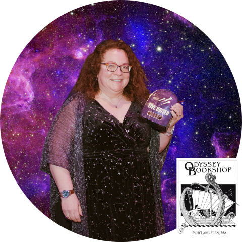 Smiling woman holding award on space background