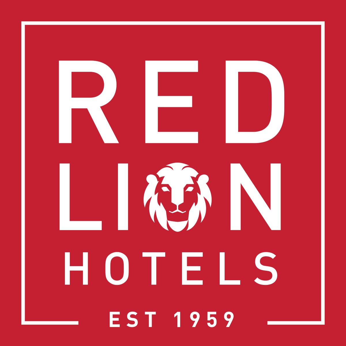 Red square logo reading Red lion Hotels est 1959 will illustration of a lion's head
