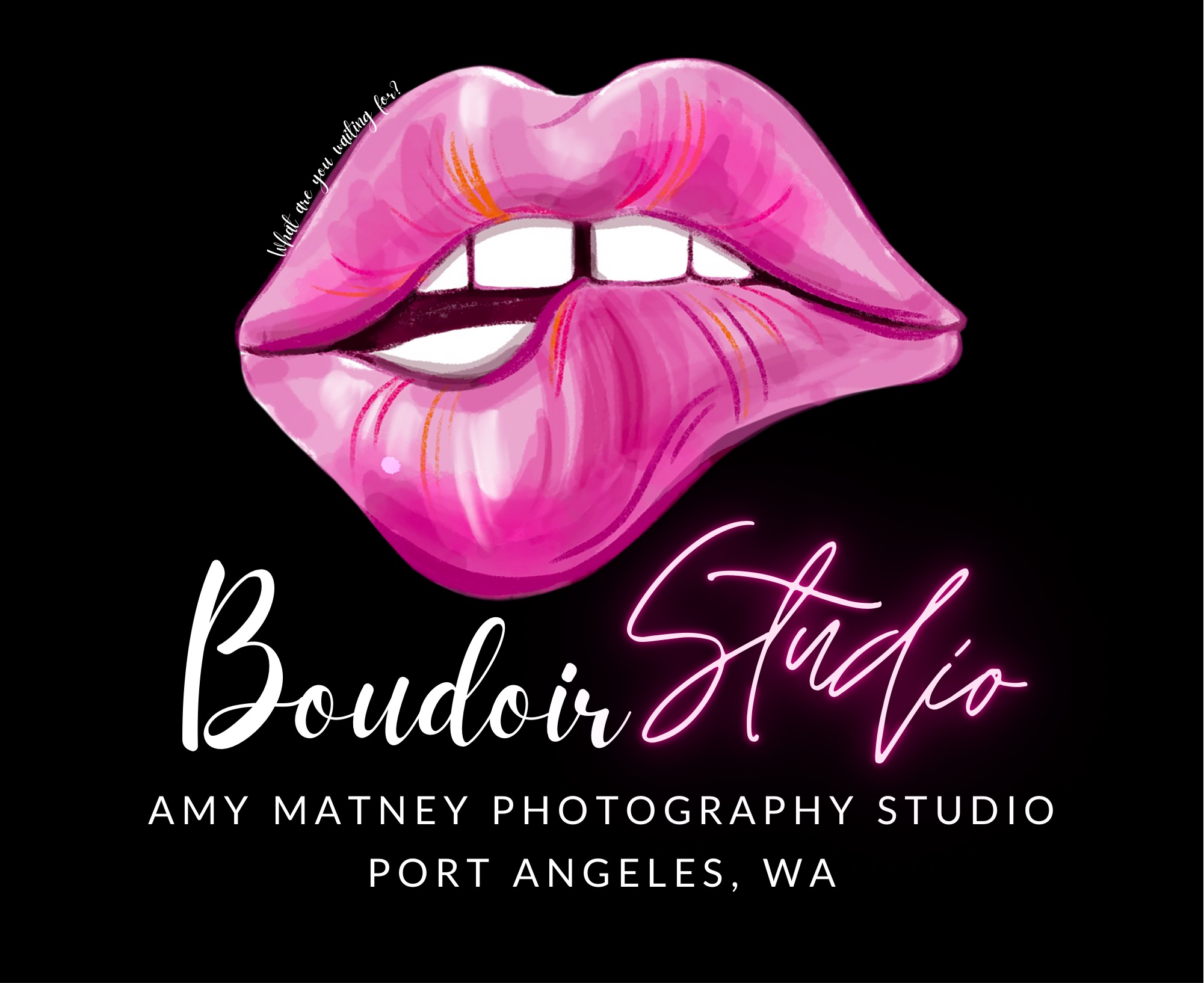 Logo comprised of an illustration of pink lips and words Boudoir Studio Amy Matney Photography Studio Port Angeles, WA