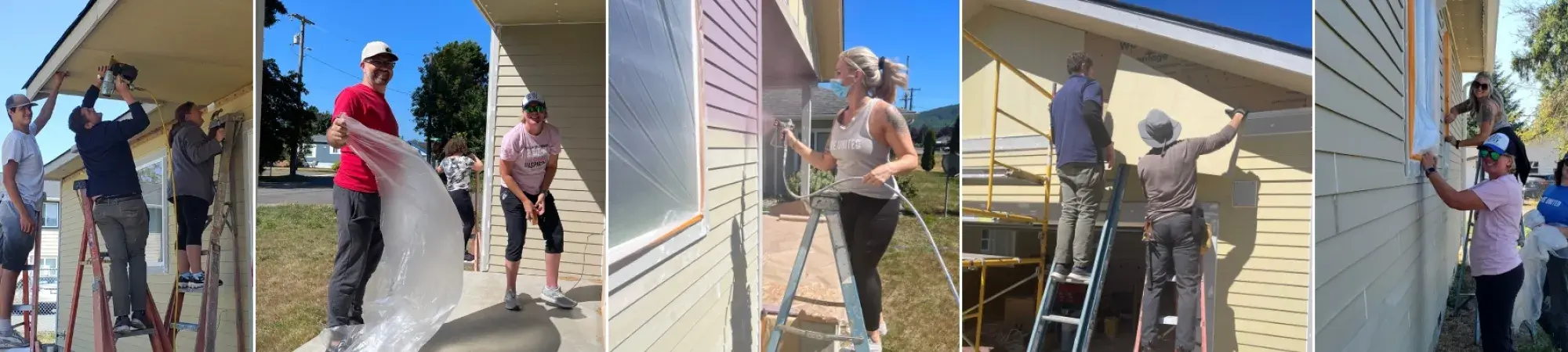 five panels depicting people working on and painting houses