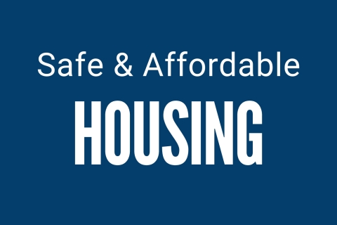 blue background with words reading safe & affordable housing