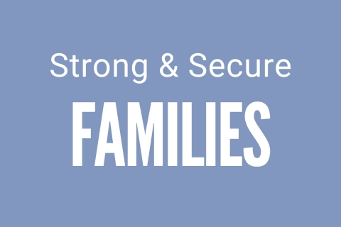 Light blue background with words reading strong & secure families