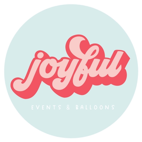 Light blue circle with word joyful inside in pink and red writing