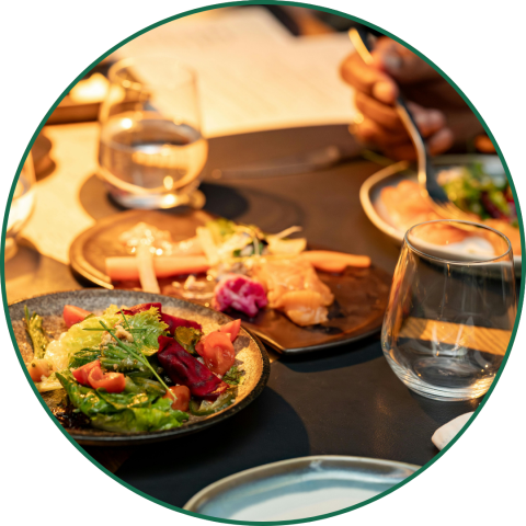 table with plates of food