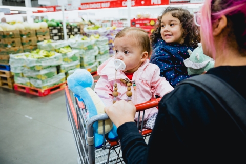 woman pushing young children in cart through grocery store