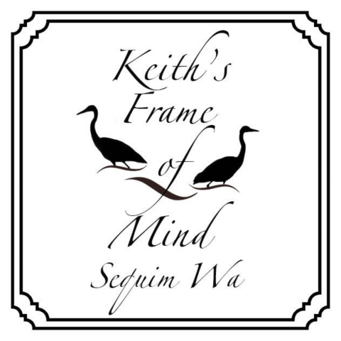 Square with two birds and words reading Keith's frame of mind sequim WA